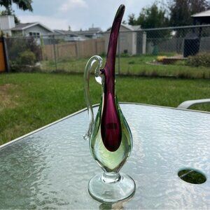 Murano Venetian Purple & Green Uranium Sommerso Glass Stem Vase Hand Blown